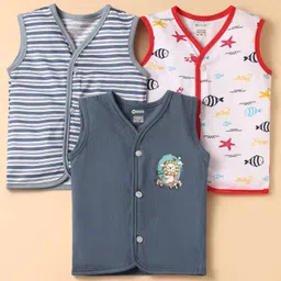 OHMS Single Jersey Knit Sleeveless Lion & Fish Printed Jhablas Pack of 3 - White & Grey-picture-26