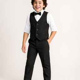 Pine Kids Knit Full Sleeves Solid Color 3 Piece Party Suit with Bow - Black-picture-40