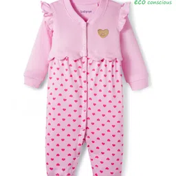 Babyoye 100% Cotton Knit With Eco Jiva Finish Full Sleeves Romper With Heart Print - Pink-image-68