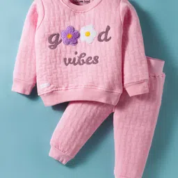 Little Darlings Knit Full Sleeves Winter Wear T-Shirt & Lounge Pant With Floral Embroidery - Pink-picture-32