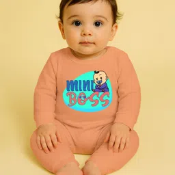 The Peppy Tend 100% Cotton Knit Full Sleeves Mini Boss Text Printed Romper - Peach image 1