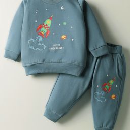 Zero Fleece Knit Full Sleeves Winter Wear Sweatshirt & Lounge Pant Set with Space Theme Print - Teal Blue-picture-47