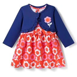 Doodle Poodle 100% Cotton Knit Floral Printed Frock with Full Sleeves Shrug - Navy Blue & Red-picture-19