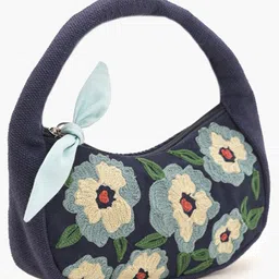 Boho girl Indigo Blossom Crescent Embroidered Floral Tote Handbag with Padded Handle and Ribbon Accent Navy Blue-image-77