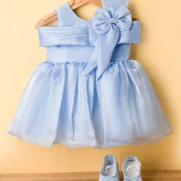 Bluebell Tissue Woven Sleeveless Frock & Booties With Bow Applique - Light Blue-picture-21