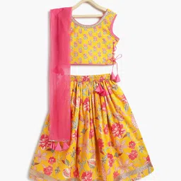 Campana 100% Cotton Woven Sleeveless Floral Printed & Gota Lace Embellished Lehenga Choli Dupatta Set - Yellow & Pink-image-68