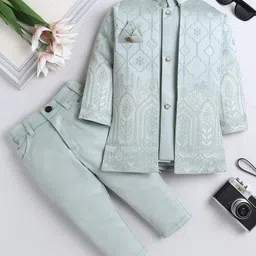 Fourfolds Woven Solid Sherwani Pant With Full Sleeves Floral Embroidered Jacket Set - Grey-picture-27