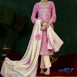 Anouk Paisley Printed Thread Work Pure Cotton Straight Kurta With Trousers & Dupatta-image-1