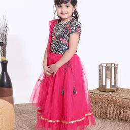 Babyhug Half Sleeves Sequined Choli and Mesh Lehenga Set with Ruffles Net Dupatta - Fuschia Navy Blue image 2