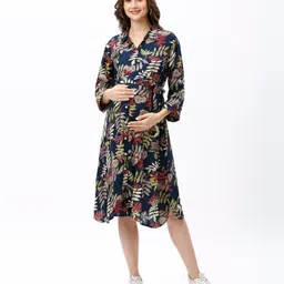 Bella Mama Woven Three Fourth Sleeves Maternity Shirt Dress with Side Pocket Leafy & Floral Print -Navy image 3