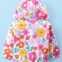 Babyhug Cotton Knit Full Sleeves Hooded Sweatjacket with Floral Print & Kangaroo Pockets - White image 2