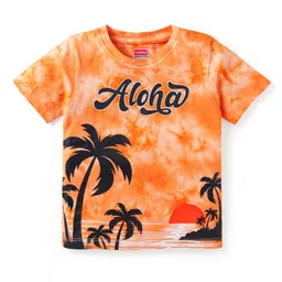 Babyhug Single Jersey Knit Half Sleeves T-Shirt & Shorts Set with Beach Theme Print - Orange image 2