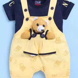 Jb Club Cotton Knit Teddy Bear Applique Detailed Dungaree With Half Sleeves Tee Set - Yellow image 3