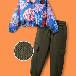 OLLINGTON ST. Knit Full Sleeves Top & Waffle Joggers With Floral Print - Multicolor & Dark Green image 3