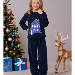 Cherry Crumble By Nitt Hyman Knit Christmas Theme Full Sleeves House Patch Detailed Unisex Winter Night Suit Set - Navy Blue image 4