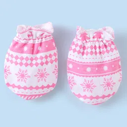 Babyhug 100% Cotton Knit Tree Print Cap Mittens & Booties - Pink image 4
