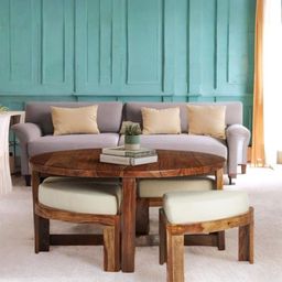 Ikiriya Brown Sheesham Wood Natural Teak Finish Round Coffee Table with Stool and Cushions-picture-9