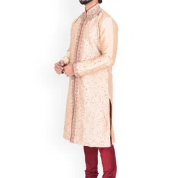 Manu Men Beige & Maroon Self Design Kurta with Churidar image 4