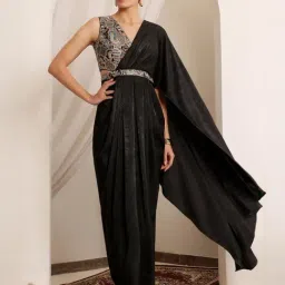 Miss Chase Black Satin Embroidered Sleeveless Dress-picture-24