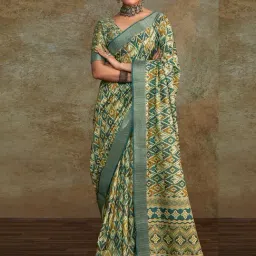Satrani Yellow Silk Blend Printed Saree With Unstitched Blouse-image-36