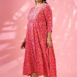 Globus Gloplus Women Red Round Embroidered Yoke Geometric Print Flared Hem Plus Size A-Line Kurta image 3