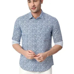 Basics Blue Cotton Slim Fit Printed Shirt-image-28