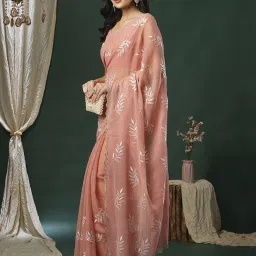 Saree Mall Peach Organza Embellished Saree with Blouse Piece image 3