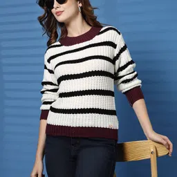 Thirty Threads Women Striped & Open Knit Woollen Pullover image 5