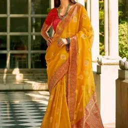 Satrani Yellow Silk Woven Saree With Unstitched Blouse-picture-13