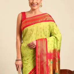 Varkala Silk Sarees Parrot Green & Red Woven Saree With Unstitched Blouse image 3