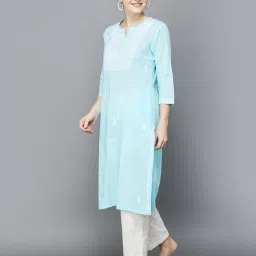 Melange by Lifestyle Blue & White Cotton Embroidered Kurta image 3