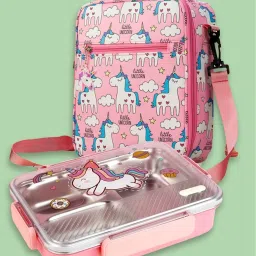 Little Surprise Box Pink Party Hat Unicorn Big Size Stainless Steel Kids Lunch Box With Lunch Bag image 3