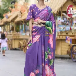 Satrani Purple Georgette Floral Saree With Unstitched Blouse-picture-14