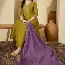 Sangria Women Ethnic Motifs Embroidered A-Line Kurta with Palazzo & Dupatta image 4