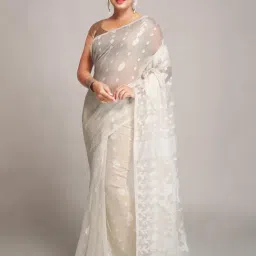 Bengal Handloom White Art Silk Jamdani Saree Without Blouse-picture-46
