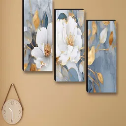 Myntra Elegant Homes Grey & White 3 Pieces Flowers Printed Wooden Wall Paintings image 3
