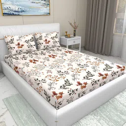 Aura Off White & Brown Floral 220 TC King Bedsheet with 2 Pillow Covers-image-3