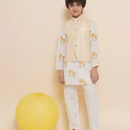 AJ Dezines Full Sleeves Shadow Striped Embellished Floral & Abstract Ethnic Pattern Motif Printed Kurta Pajama & Jacket Set - Yellow-picture-13