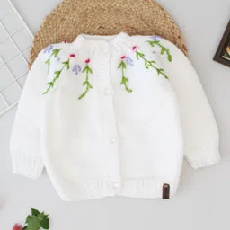 Woonie Hand Knitted Full Sleeves Floral Embroidered Sweater - White-picture-34