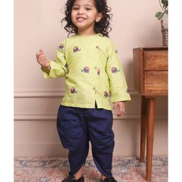 Polka Tots Full Sleeves Elephant Printed Angrakha Style Kurta  With Solid Dhoti - Green-picture-45
