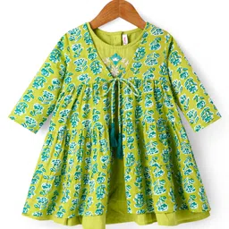 Babyhug Cotton Woven Tiered Frock with Three Fourth Sleeves Floral Printed Tie Up Shrug - Limegreen-picture-27