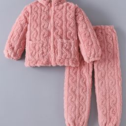 Kookie Kids Full Sleeves Winter Wear Sweatjacket & Lounge Pant Set with Cable Knit Design - Pink-picture-49