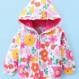 Babyhug Cotton Knit Full Sleeves Hooded Sweatjacket with Floral Print & Kangaroo Pockets - White-picture-22