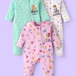 Babyhug Disney Interlock Knit Full Sleeves Footed Sleep Suits with Disney Princess Graphics Pack of 3 - Pink White & Light Green-picture-17