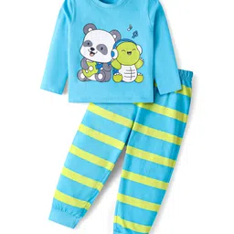 Babyhug Cotton Knit Full Sleeves Night Suit With Stripes & Panda Print - Light Blue-picture-24