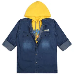 CAVIO Full Sleeves Destination Text Printed Denim Shirt & Hooded Tee - Yellow-image-3