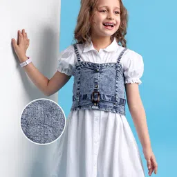 Hola Bonita Cotton Woven Half Puffed Sleeves Solid Color Dress with Denim Jacket -Off White & Blue-image-45