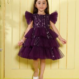 Ministitch Net Woven Flutter Sleeves Floral Embroidered & Sequins Embellished Tiered Dress - Wine-picture-29
