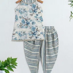 The Magic Wand Cotton Woven Sleeveless Floral Printed Gota Lace Embellished Top & Dhoti Set - Off White-picture-27