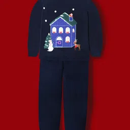 Cherry Crumble By Nitt Hyman Knit Christmas Theme Full Sleeves House Patch Detailed Unisex Winter Night Suit Set - Navy Blue image 1
